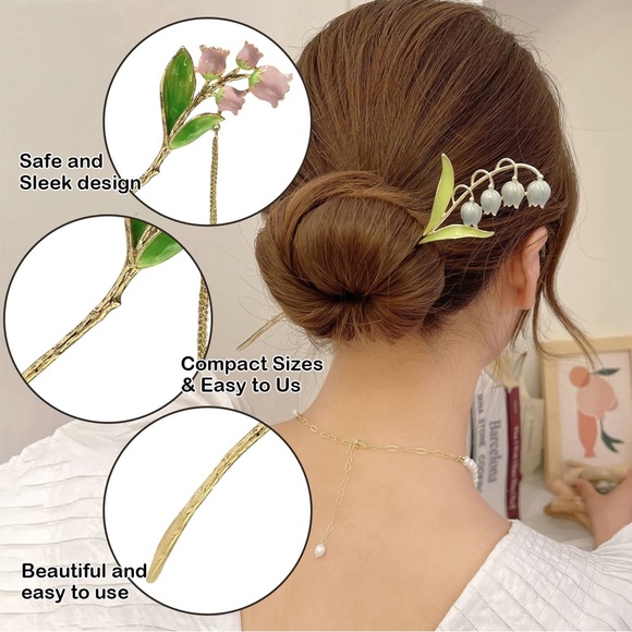 Hair Pins Sticks Lily Flower 2Pcs Metal Hair Accessories Simple Elegant Chignon - Picture 4 of 8